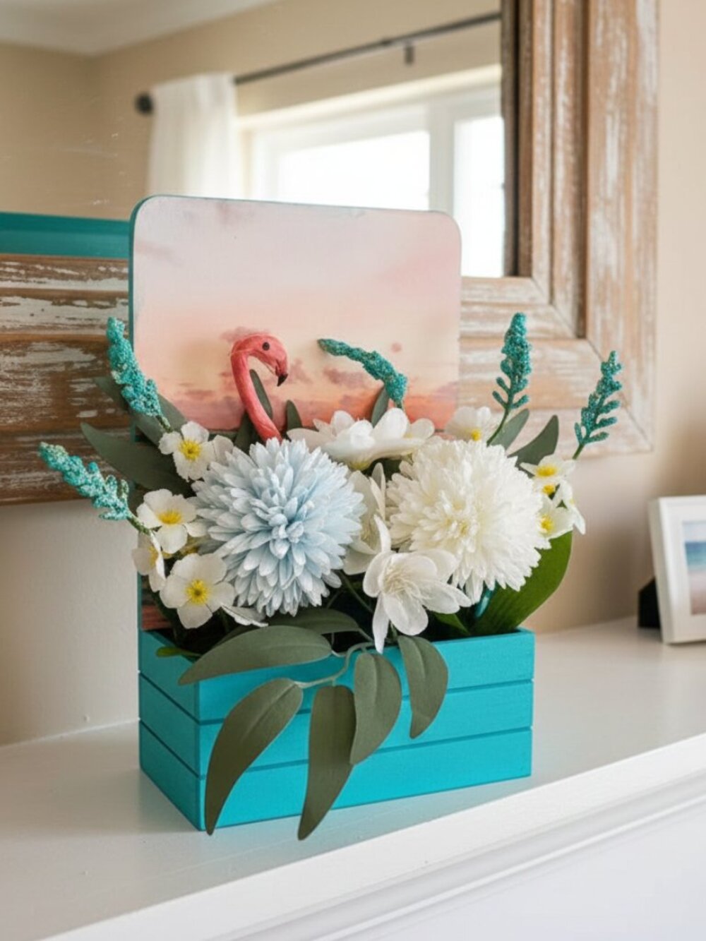 Summer Artificial Flower Arrangement in Wooden Decoupaged Planter
